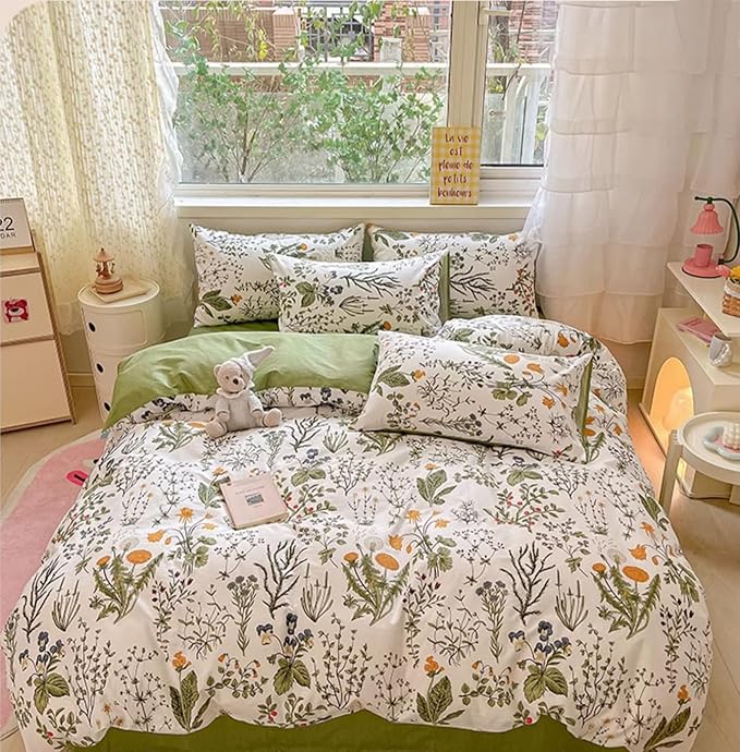 Botanical Comforter Queen White Sage Green Floral Plant Bedding Set Garden Pattern Printed on White Women Reversible Blanket 3 PCs Girls Breathable White Floral Bed Comforter Set