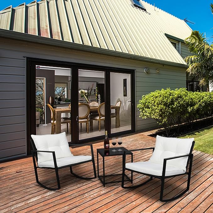 Outvita 3-Piece Rocking Bistro Set, Outdoor Wicker Patio Furniture Set with Glass Coffee Table Perfect for Outdoor Porch, Balcony and Garden (White)