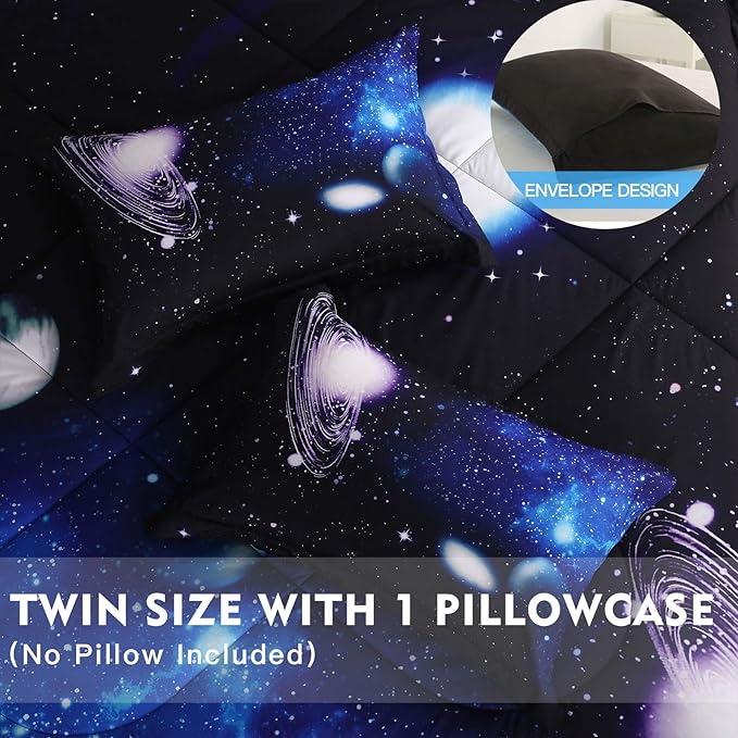 Litanika 3D Galaxy Comforter Twin(66x90lnch), 2 Pieces(1 Galaxy Comforter, 1 Pillowcase), Universe Outer Space Comforter, Microfiber Bedding Set for Boy Girl Kid Teen