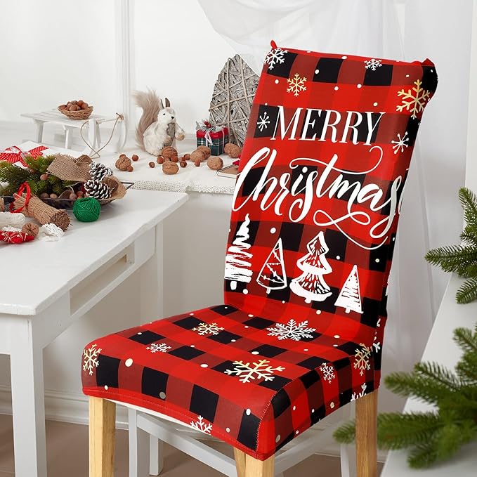Ganeen 6 Pcs Christmas Chair Covers Merry Christmas Chair Back Cover Stretch Christmas Seat Cover Washable Xmas Dining Chair Protector Slipcover for Dining Room Kitchen Holiday Party (Cute Style)