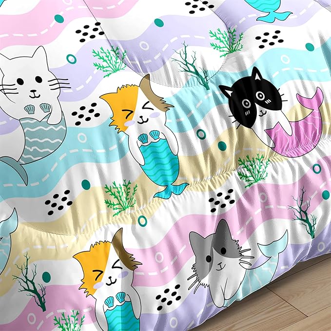 Cartoon Cat Comforter Set for Girls - Full Size Girls Cat Bedding Set for Bedroom Ultra Soft Warm Cute Mermaid Tail Cat Patterns Comforter Set for All-Season, 1 Comforter with 2 Pillowcases