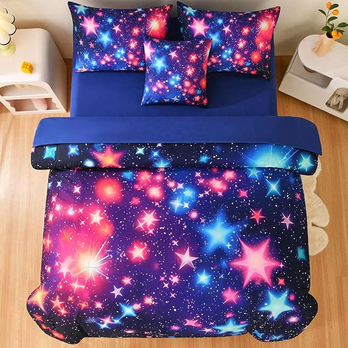 DORCAS Star Twin Size Comforter Sets with Sheets for Girls Kids,6 Piece Starry Sky Girls Bedding Sets Twin,All Season Down Bed in a Bag(Colorful,Twin)