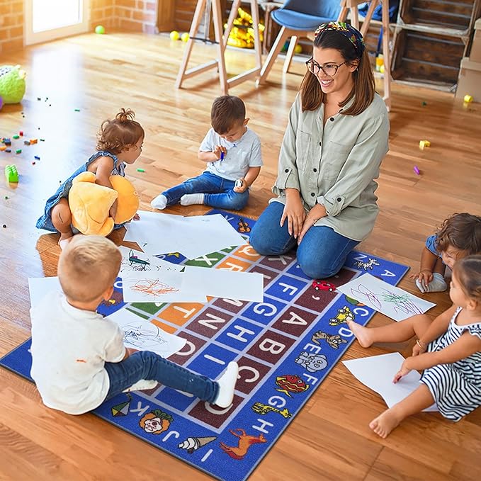 Machine Washable Educational Alphabet Design Non-Slip Rubberback 3x5 Kid's Area Rug for Playroom, Kid's Room, Bedroom, Kindergarten, 3'3" x 5', Blue