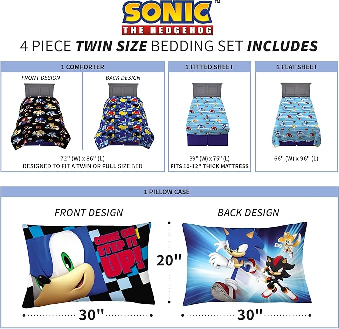Sonic the Hedgehog Anime Kids Super Soft Comforter and Sheet Set, 4 Piece Twin Size by Franco, Prints may vary