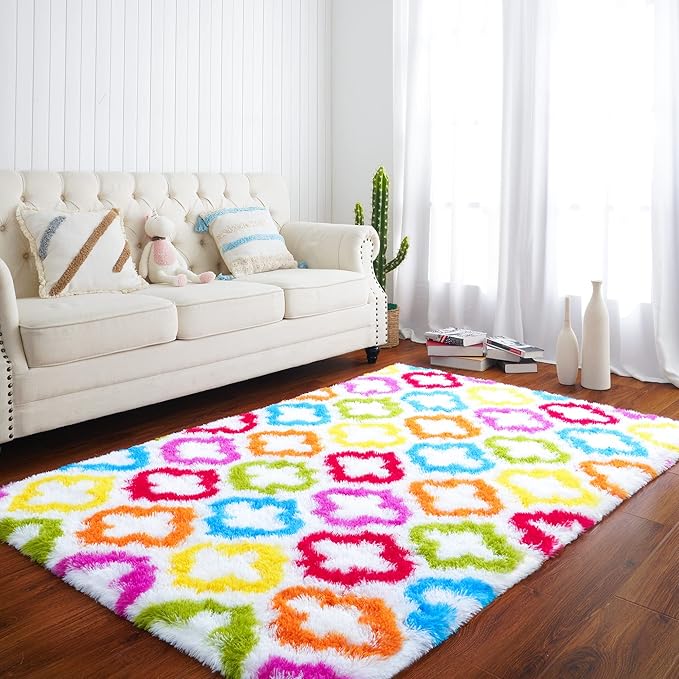 Tepook Fluffy Colorful Rug for Kids, Shaggy Soft Rainbow Area Rugs for Girls Bedroom, Indoor Modern Geometric Moroccan Rugs Plush Girls Kids Rug for Playroom Teens Room Nursery Home Decor, 4 X 6 ft