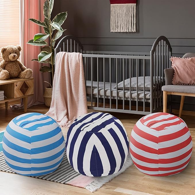 2 PCS Stuffed Animal Storage Bean Bag Chair Cover, Cotton Canvas Beanbag with Zipper for Organizing Kid's and Adults Room Vertical Stripe Blue 24"
