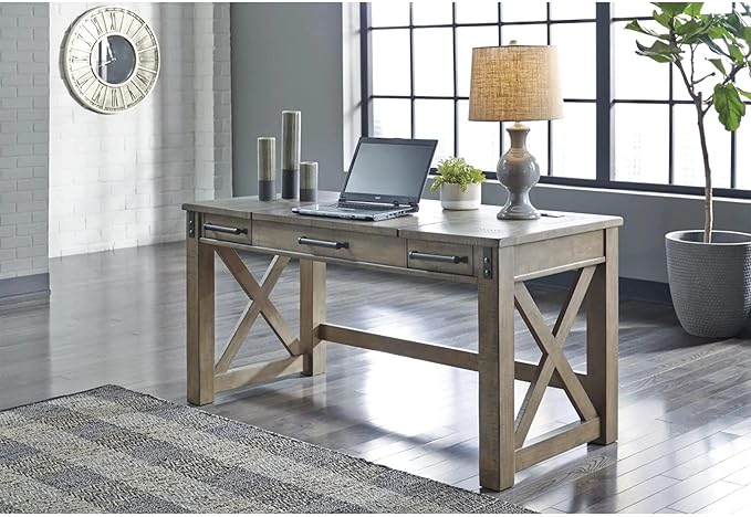 Signature Design by Ashley Aldwin Rustic Farmhouse 60" Home Office Lift Top Desk with Charging Ports, Distressed Gray