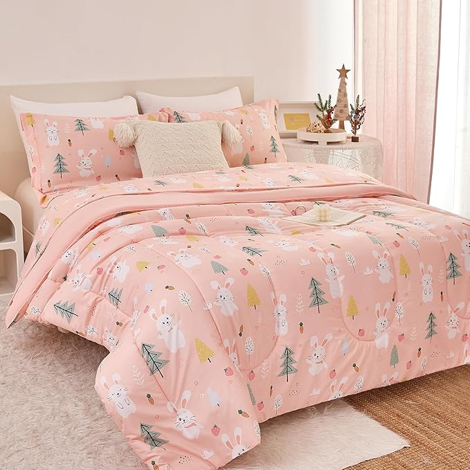 Pink Bunny Kids Comforter Set for Girls Full Size, Cute Reversible Quilted Printed Woodland Bedding Set with Pillow Sham, Lightweight Soft Breathable Machine Washable Bed Set 3 Piece