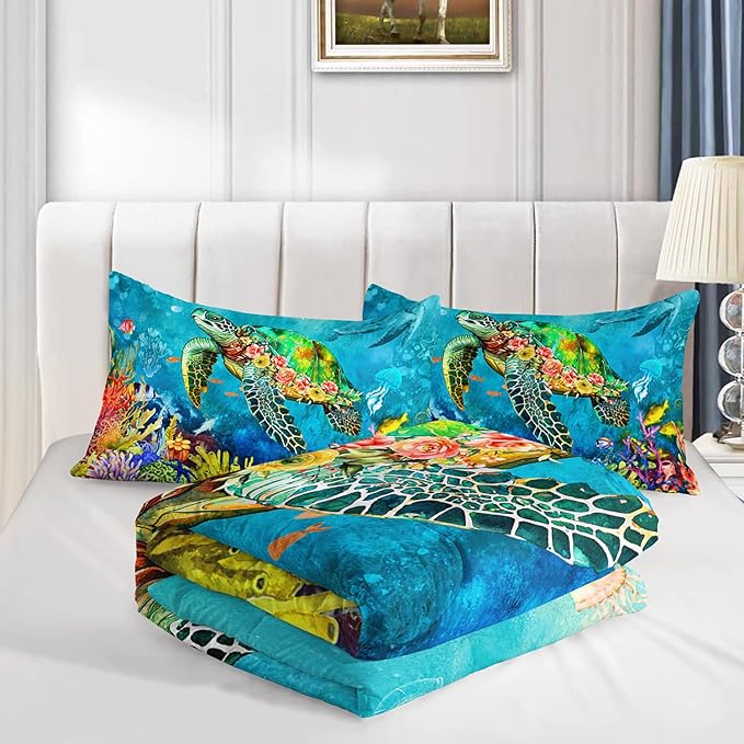 Kids Turtle Rose Comforter Set Twin Beach Theme Jellyfish Starfish Bedding Set Sea Animal Reptile Bed Set with 2 Pillowcases for Boys Girls Room Decor