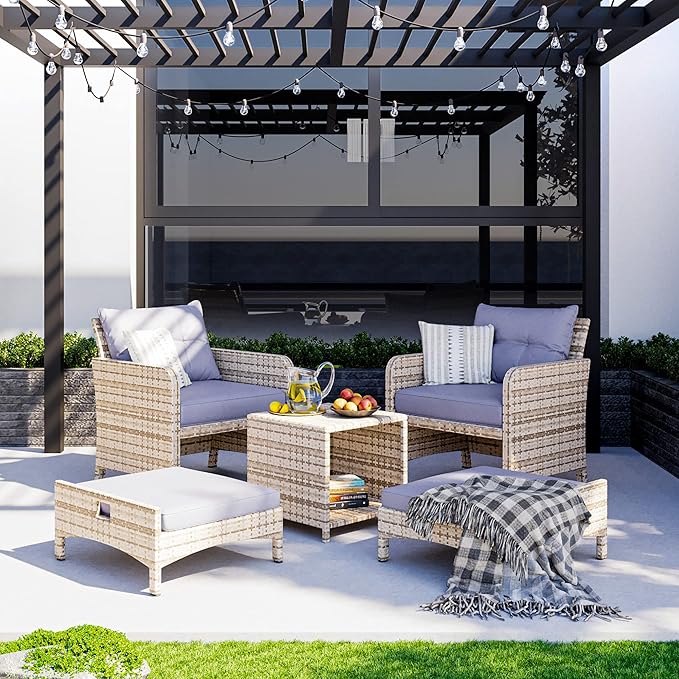 Pamapic 5 Pieces Outdoor Patio Wicker Chairs Set with Ottoman .Outside Conversation Furniture Set with Cushions and Coffee for Balcony Porch Lawn Garden Table (Purple Cushion + Grey Rattan)