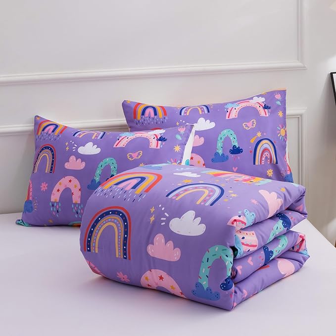 Btargot Lightweight Soft 3 Piece Rainbow Comforter Set with 2 Pillow Covers, Cartoon Love Hearts Flowers and Sun Star Bedding Set for Girls Boys Kids, Queen Dark Purple