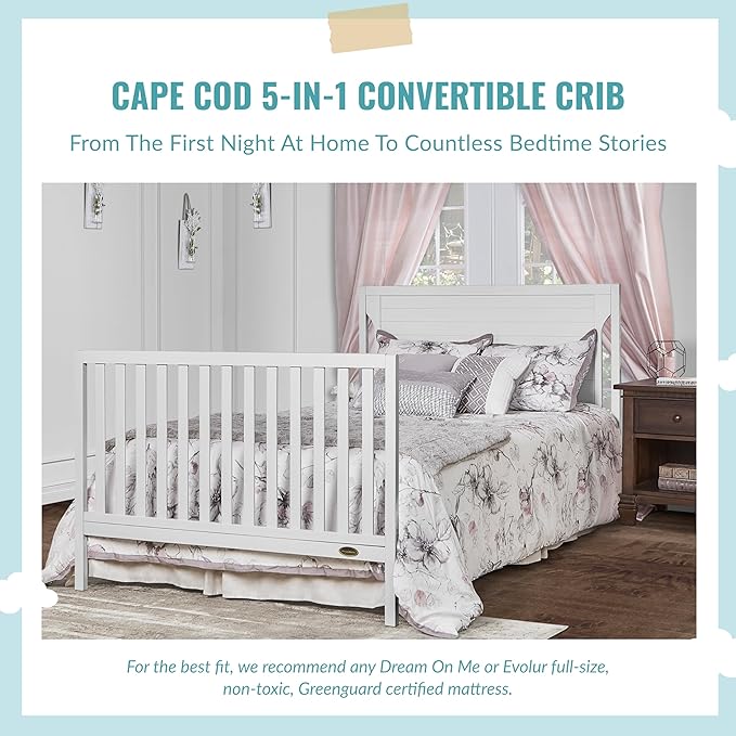 Cape Cod 5-in-1 Convertible Crib in White, Greenguard Gold Certified, 55x30x44.5 Inch (Pack of 1)