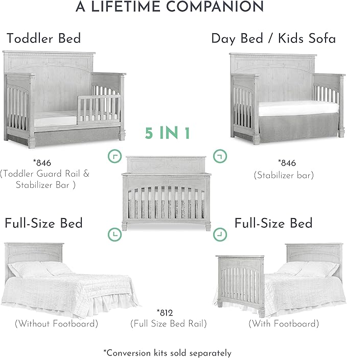 Evolur Santa Fe 5-in-1 Convertible Crib in Antique Mist, Greenguard Gold Certified, Features 3 Mattress Heights, Wooden Nursery and Bedroom Furniture, Baby Crib