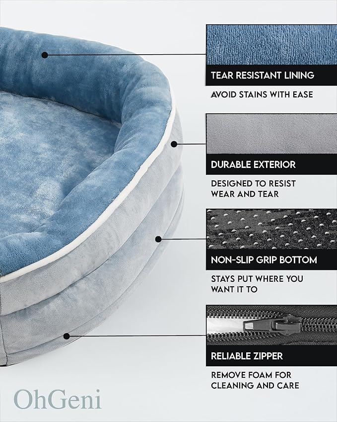 OhGeni Orthopedic Dog Bed Couch for Large Sized Pets with Egg Foam Support, Four-Sided Bolster Cushions, Soft Tear-Resistant Fabric, and Removable Machine Washable Plush Cover 35-Inch (Washed Blue)