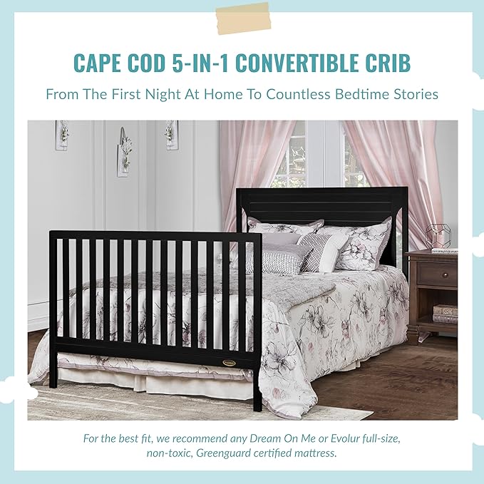 Cape Cod 5-In-1 Convertible Crib In Black, Greenguard Gold And JPMA Certified, Built Of Sustainable New Zealand Pinewood, 3 Mattress Height Positions
