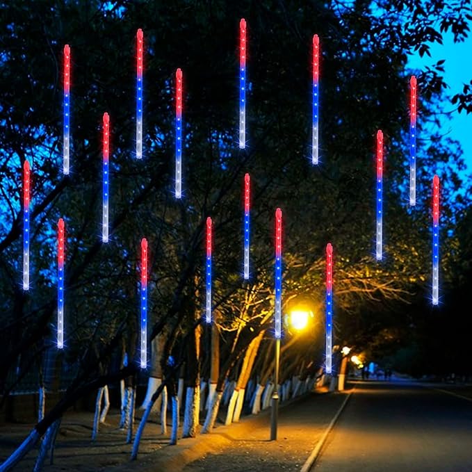 Dazzle Bright 4th of July Lights Decorations, 288LED Red Blue and White Meteor Shower Rain Lights 12Inch 8 Tubes, Waterproof Plug in Falling Rain Lights Independence Day for Outdoor Yard