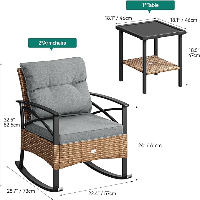 YITAHOME 3-Piece Outdoor Rocking Chair Bistro Set, Patio Wicker Rocking Chair Conversation Set with Glass Coffee Table & Soft Cushions for Balcony, Lawn and Porch Poolside (Light Brown+Gray)