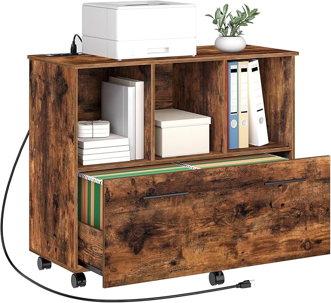 HOOBRO File Cabinet, Mobile Lateral Filing Cabinet with Charging Station, Wooden Printer Stand with Open Storage Shelf, for Home Office, Small Spaces, A4/Letter Size, Rustic Brown FG22UWJ01