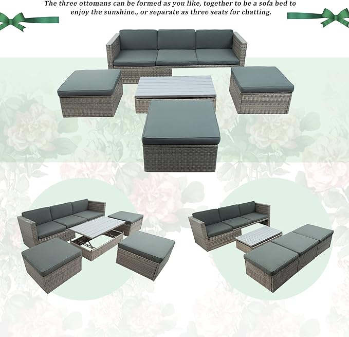 5 Pieces Patio Furniture Sets All Weather Wicker Rattan Sectional Sofa Outdoor Conversation with Adustable Backrest, Cushions, Ottomans and Lift Top Coffee Table for Poolside, Garden, Backyard