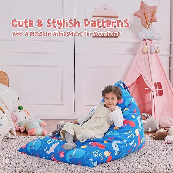 Nobildonna Stuffed Animal Storage Bean Bag Chair Cover Only for Kids and Adults, Extra Large Beanbag without Filling Plush Toys Holder and Organizer- Premium Canvas 250L (Sea Animals)