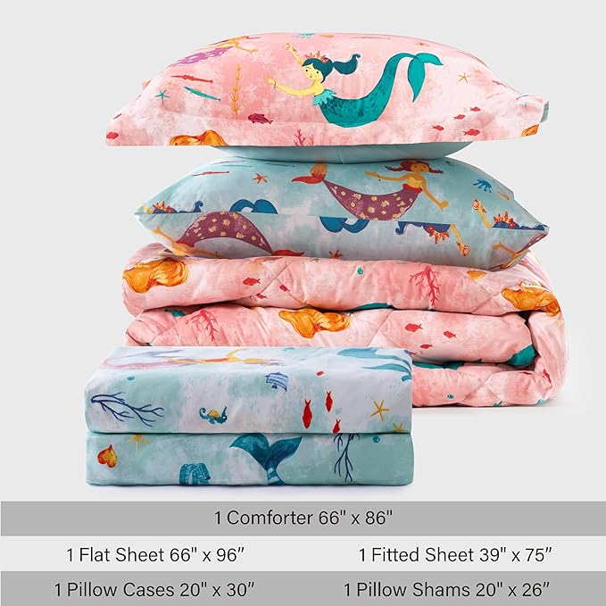 Twin Size Mermaid Kids Bedding Set for Girls, 5 Pieces Super Soft Lightweight Microfiber Comforter Set with Sheets, Bed in a Bag, Durable Children Bed Set