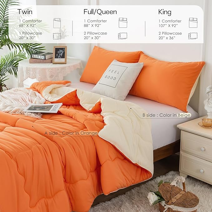 COTTEBED Reversible Ultra-Soft Bright Orange Beige Twin Comforter Set for Girl Boy Kid Dorm, Jersey Knit T-Shirt Feel Cute Lightweight Cozy Comfy Bedding Blanket Down Conforter All Season Twin/Twin XL