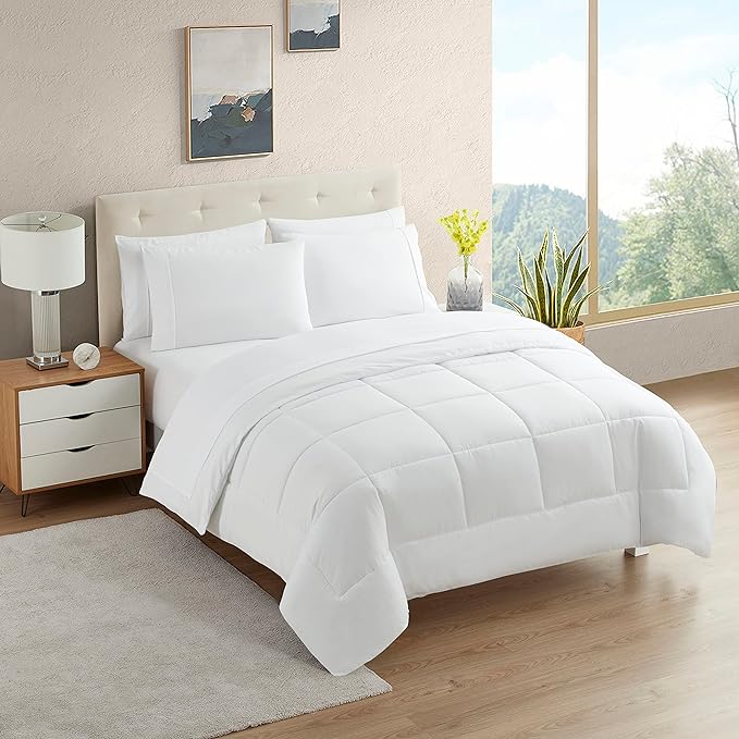 Dorm Room Essentials College Bedding Comforter Set 5 Piece Twin Size Bed in a Bag for College Students Boys and Girls, Twin, White