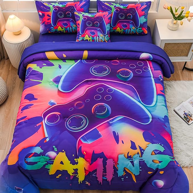 Aimuan Gaming Comforter Sets for Boys Kids Bedding Sets Video Games Console Action Buttons Novelty Colorful Game Gamepad Controller Modern Gamer Room Decor Home Quilt Set (Queen 6 Pcs,Purple)