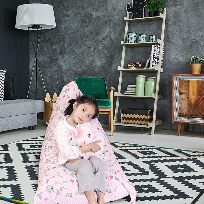 Stuffed Animal Storage Bean Bag Chair Cover, Cotton Pink Unicorn Rainbow Plush Toy Storage Stuff and Sit Seat for Kids/Teens/Adults, 52" x 31" Extra Large Triangle Sofa, 200L/52Gal, Cover Only
