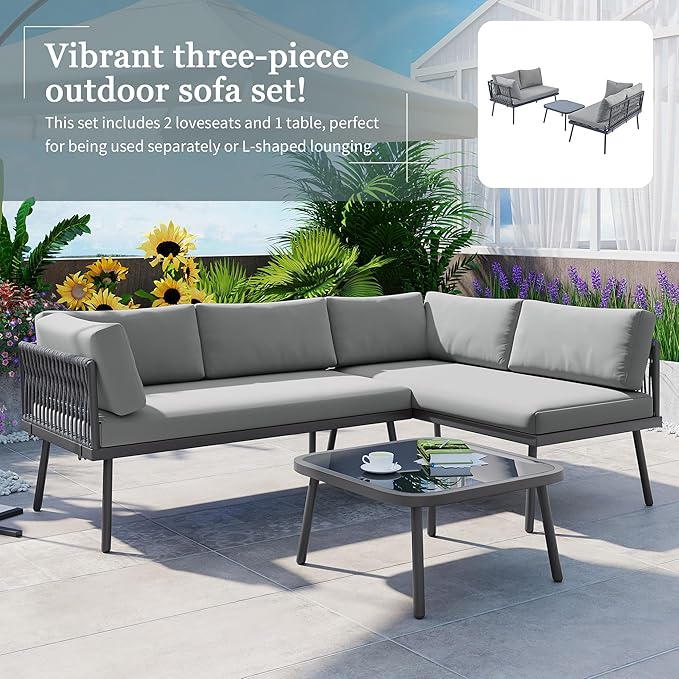 3-Piece Outdoor Patio Furniture PE Rattan Sofa Set, All Weather L-Shaped Sectional Couch with Removable Cushions and Glass Table, for Backyard Poolside Garden, Metal Frame, Onesize, Gray