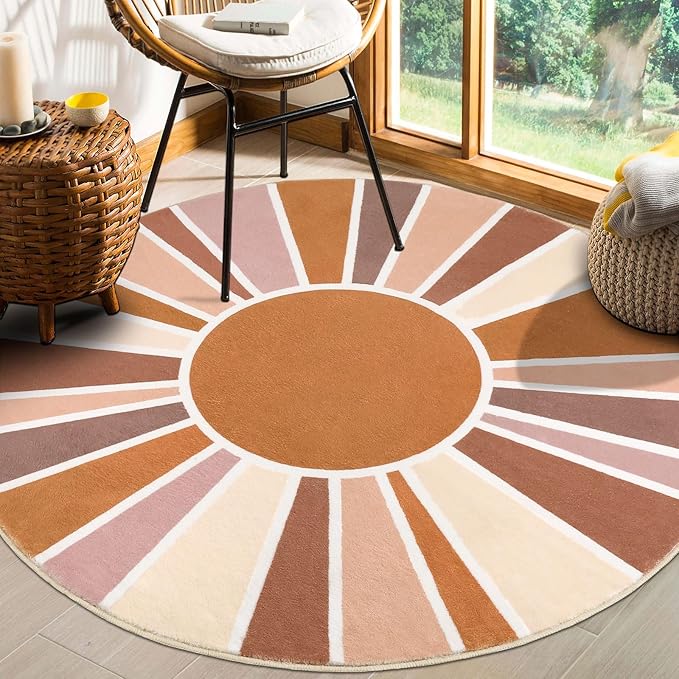 Topotdor Sun Rainbow Round Rug 4ft Boho Kids Nursery Rug, Colorful Washable Area Rug Ultra Soft Circle Classroom Rug Non-Slip for Bedroom Living Room Playroom Decor, Orange