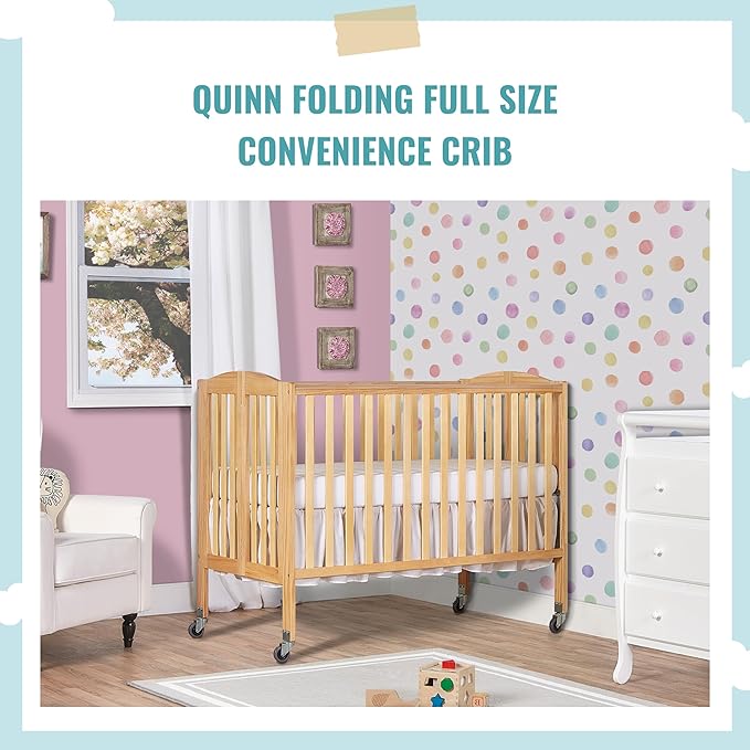 Folding Full Size Convenience Crib In Natural, Two Adjustable Mattress Height Positions, Comes With Heavy Duty Locking Wheels, Flat Folding