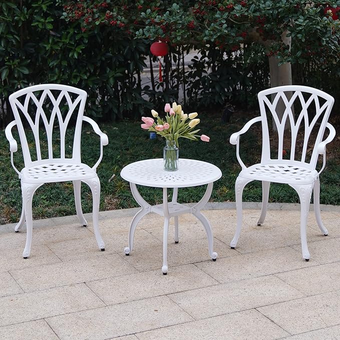 Jardin DE CENTENNAIL 3-Piece Outdoor Bistro Set Cast Aluminum Rust-Resistant Patio Furniture Armchairs Design (White)