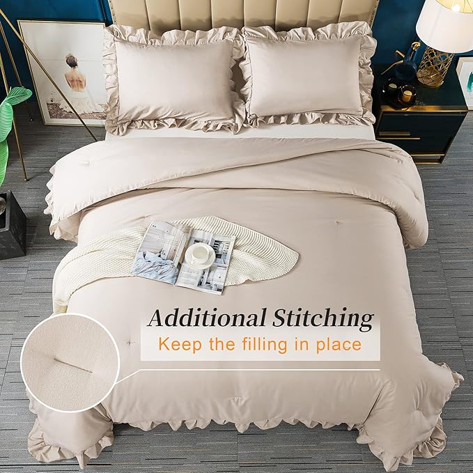 Andency Khaki Queen Comforter Set, 3 Pieces Farmhouse Shabby Chic Bedding Set for Queen Bed, All Season Soft Lightweight Microfiber Bed Set for Men Women