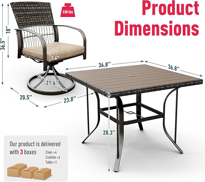 Pamapic 5 Piece Patio Dining Set for 4,Outdoor Wicker Furniture Set for Backyard Garden Deck Poolside with 4 Cushions Swivel Rocker Chairs,Square Plastic-Wood Table Top, Removable Cushions(Beige)