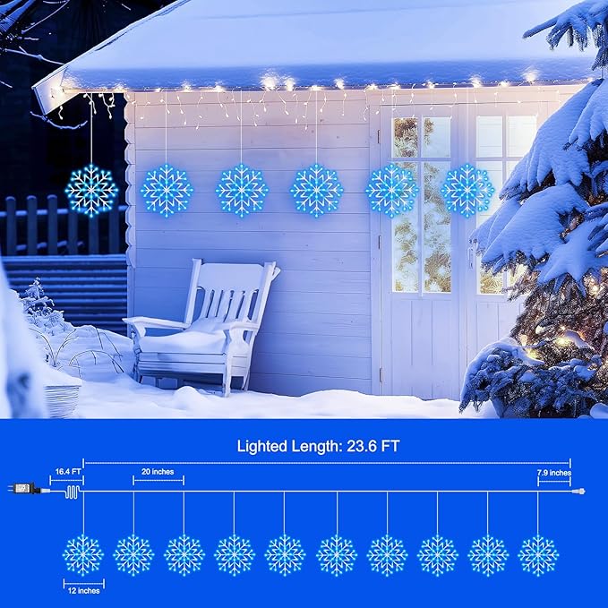 Christmas Snowflake Icicle Lights Outdoor - Plug-in 23.6ft 10 Drops 480LED Snowflake Window Lights, Connectable for Indoor Outdoor Porch Eaves Rooftops Canopy Christmas Decoration, Blue and White