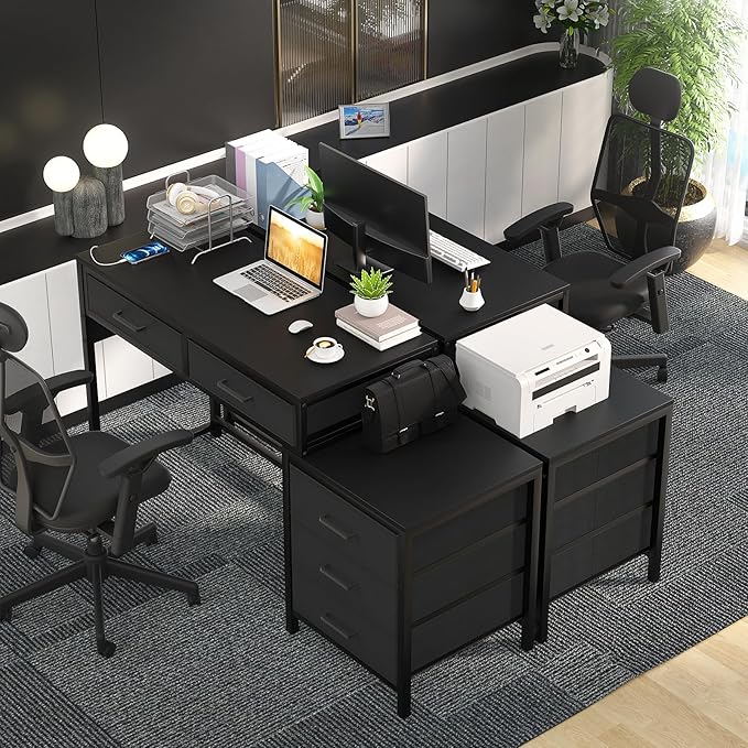 Computer Desk with 5 Drawers, Reversible Office Desk with Power Outlets and USB Charging Ports, Sturdy Writing Table with File Cabinet and Printer Stand, Laptop Desk for Small Spaces, Black