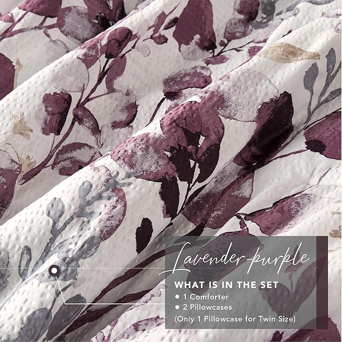 Codi Floral Queen Comforter Set for Womens, Spring Lavender Bedding Sets with Soft Seersucker 3pcs - 1 Flower Comforters and 2 Pillows Case, Lilac Purple