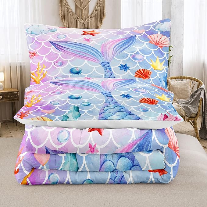 NINENINE Mermaid Bedding Sets,Girls Comforter Sets Queen, Princess Bedding Queen,Mermaid Comforter Ocean Fish Scales Bedding Sets with 1 Comforter 2Pillowcases