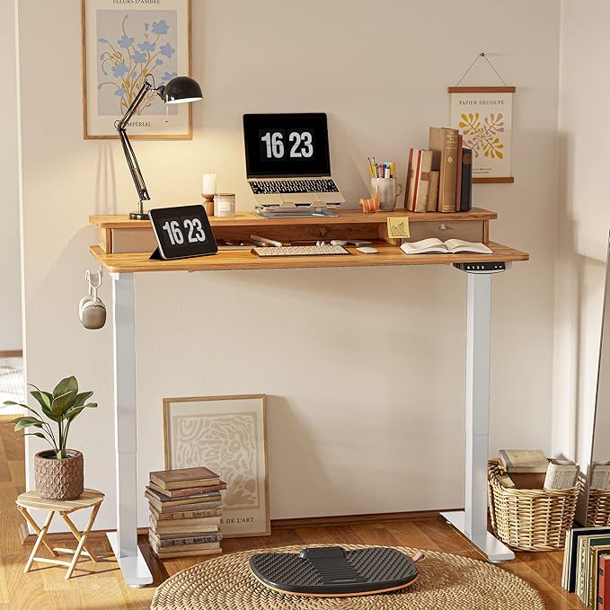 FEZIBO 55 x 24 Inch Height Adjustable Electric Standing Desk with Double Drawer, Stand Up Desk with Storage Shelf, Sit Stand Desk, Light Rustic