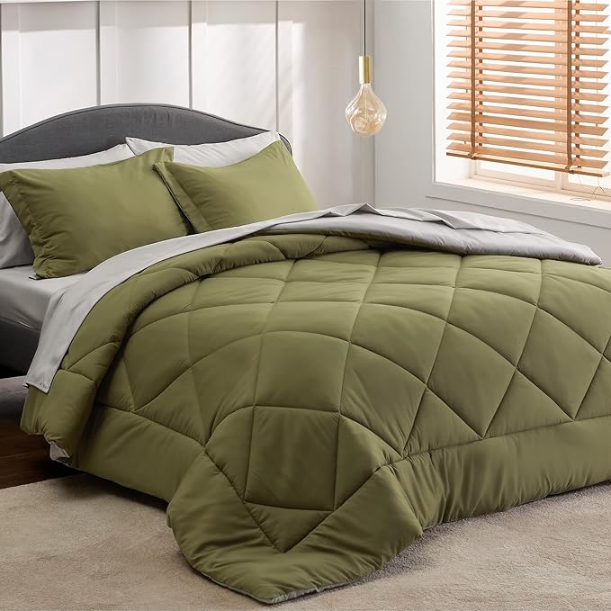 Bedsure Olive Green Twin Comforter Set - 5 Pieces Reversible Twin Bed in a Bag, Extra Long Twin Bed Set with Comforters, Sheets, Pillowcase & Sham, Twin Bedding Sets for College