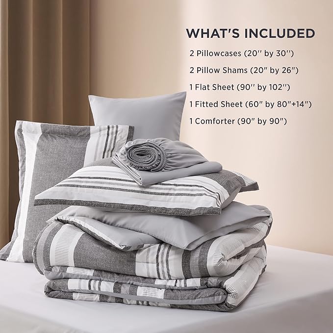 Bedsure Queen Comforter Set - 7 Pieces Grey White Striped Bedding Sets Queen Bed in a Bag with Comforters Queen Size, Sheets, Pillowcases & Shams, Bed Sets