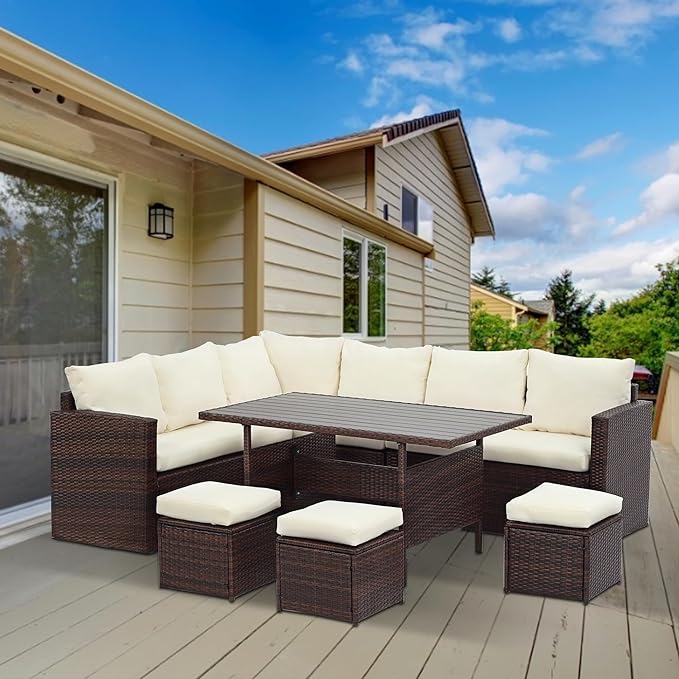 Solaste 7 Piece Patio Furniture Set, All Weather Wicker Patio Conversation Sets with Cushion Seat & Pillows, Outdoor Dining Set, Patio Furniture Outdoor Sectional, Brown