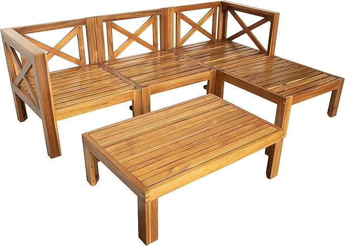 Merax 5 Pieces, Patio Furniture Sets, Solid Wood Sectional Sofa Seating Group with Soft Cushions, for Backyard and Garden, Blue