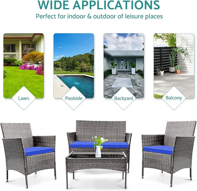 Patio Furniture, 4 Piece Conversation Set, Outdoor Wicker Rattan Table and Chairs, Sectional Sofa with Thick Cushion for Garden, Yard, or Porch, Light Grey