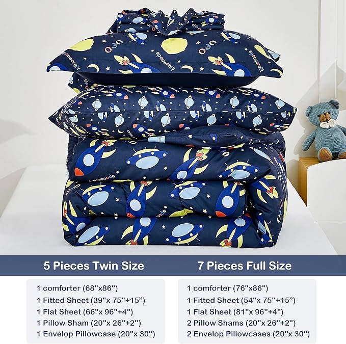 Mooreeke Bed in a Bag for Kids Boys Teens, 5 Pieces Twin Size Comforter Bed Set with Shams, Sheet Set, Space Planet Blue Black Super Soft Microfiber Kids Comforter Bedding Set