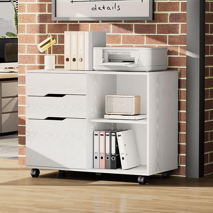 OLIXIS 3 Drawer File Cabinet Lateral Printer Stand with Adjustable Storage Shelves for Home Office Small Space, White