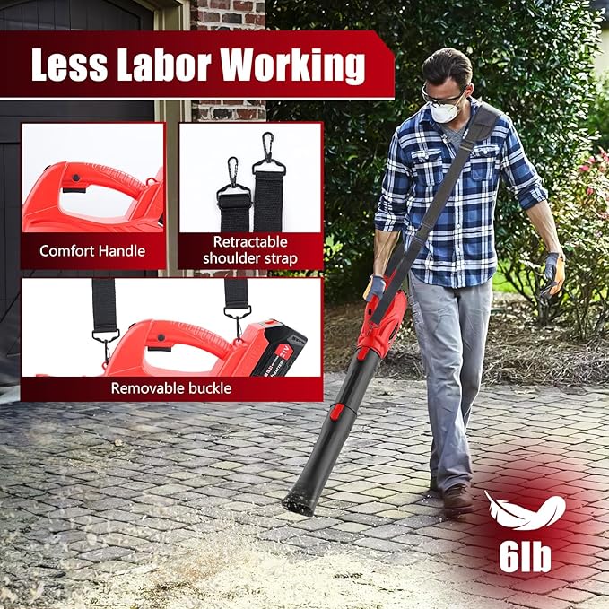 21V Electric Leaf Blower Cordless, 6000mAh 2 Battery Powered Leaf Blower 6-Speed Variable Control, Rechargeable Blowers Cordless for Lawn Care 2 Section Tubes, Charger, Shoudler Strap