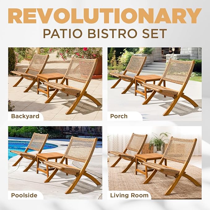 Twisted Wicker Wood Foldable Reclining Bistro Set