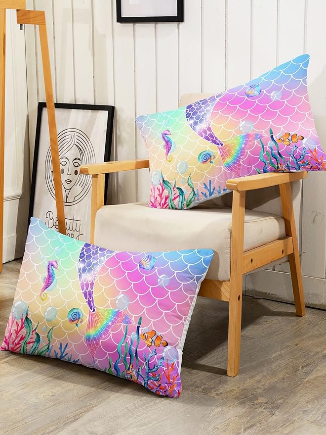 Datura home Bedding Comforter Set Rainbow Pink Mermaid Tail Printed Pattern Quilt with 1 and 2 Pillowcases for Girls Bedroom All Season(Rainbow Queen) Queen 90x90inches